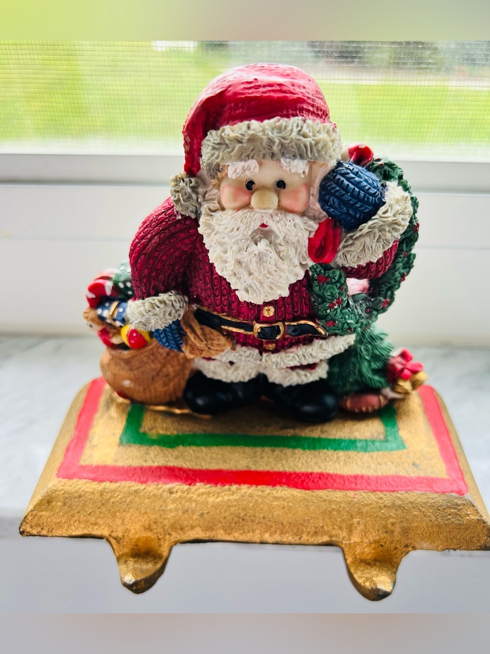 Vintage 1990’s . Christmas Tree Shop Cast Resin Santa Claus (2) Stocking Holder